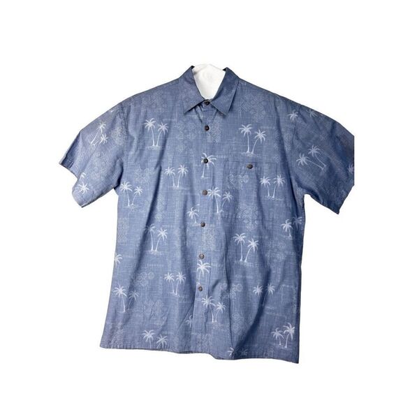Moda campia moda short sleeve denim ￼ button up shirts with palm trees size medi - Picture 1 of 10